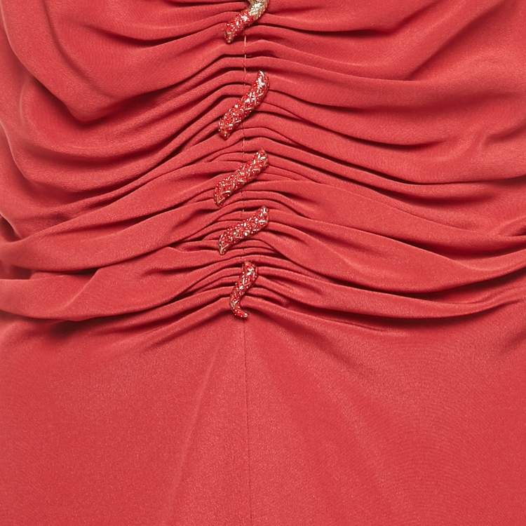 Pre Owned Roberto Cavalli Red Crepe Ruched Slit Maxi Dress M