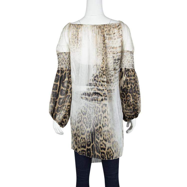 Pre Owned Roberto Cavalli Leopard Print Metallic Embroidered Silk Long Sleeve Sheer Tunic S