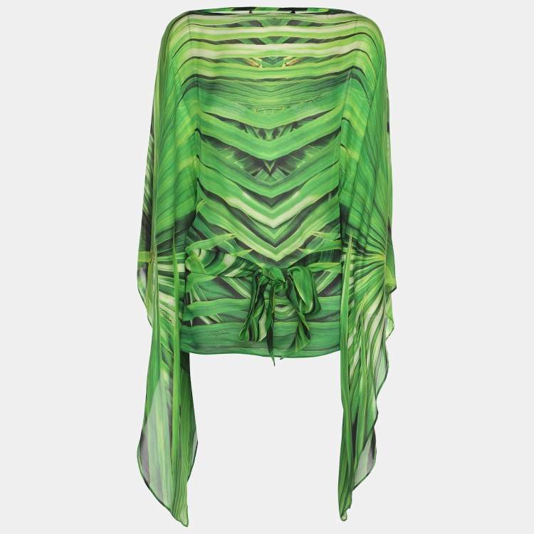Pre Owned Roberto Cavalli Green Printed Silk Belted Kaftan Top S