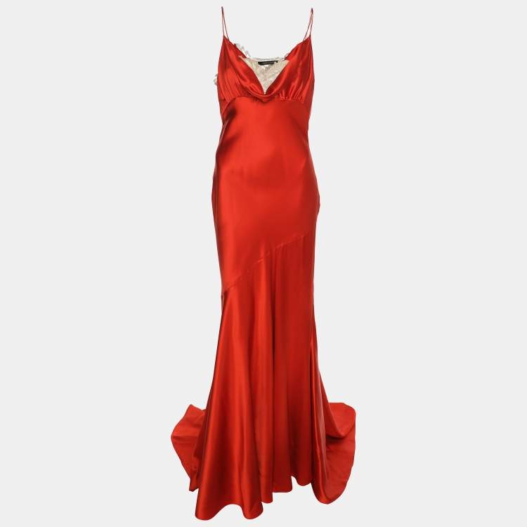 Pre Owned Roberto Cavalli Red Satin and Lace Maxi Dress S