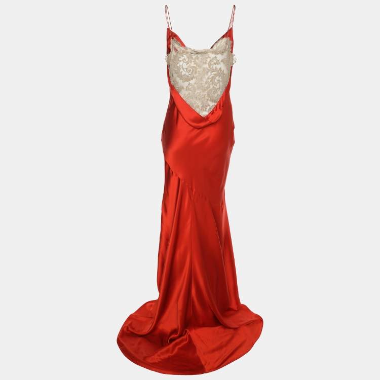 Pre Owned Roberto Cavalli Red Satin and Lace Maxi Dress S