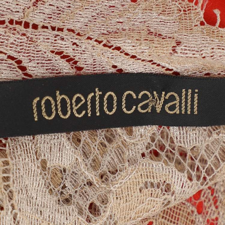 Pre Owned Roberto Cavalli Red Satin and Lace Maxi Dress S