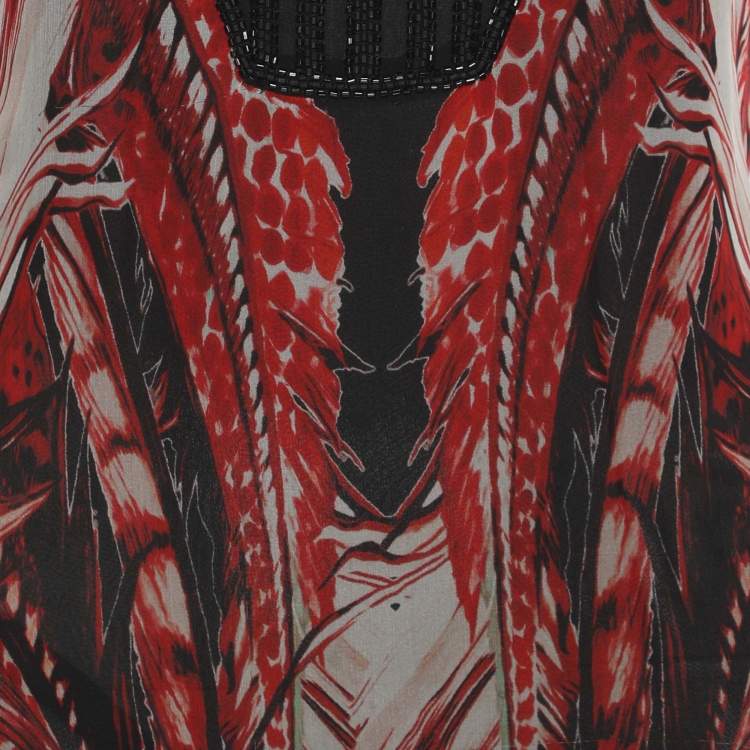 Pre Owned Roberto Cavalli Red/Multicolor Chiffon Maxi Dress S