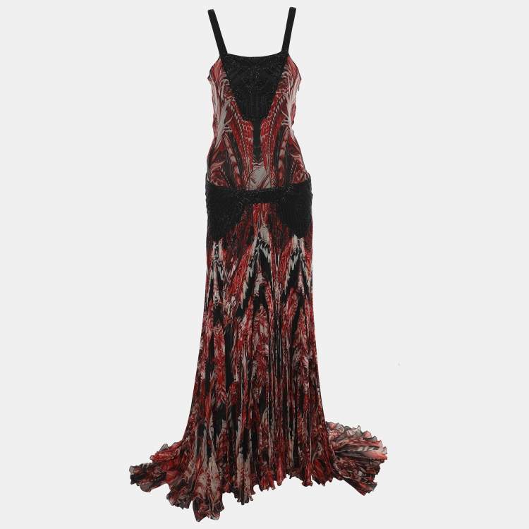 Pre Owned Roberto Cavalli Red/Multicolor Chiffon Maxi Dress S