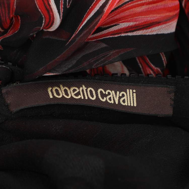Pre Owned Roberto Cavalli Red/Multicolor Chiffon Maxi Dress S