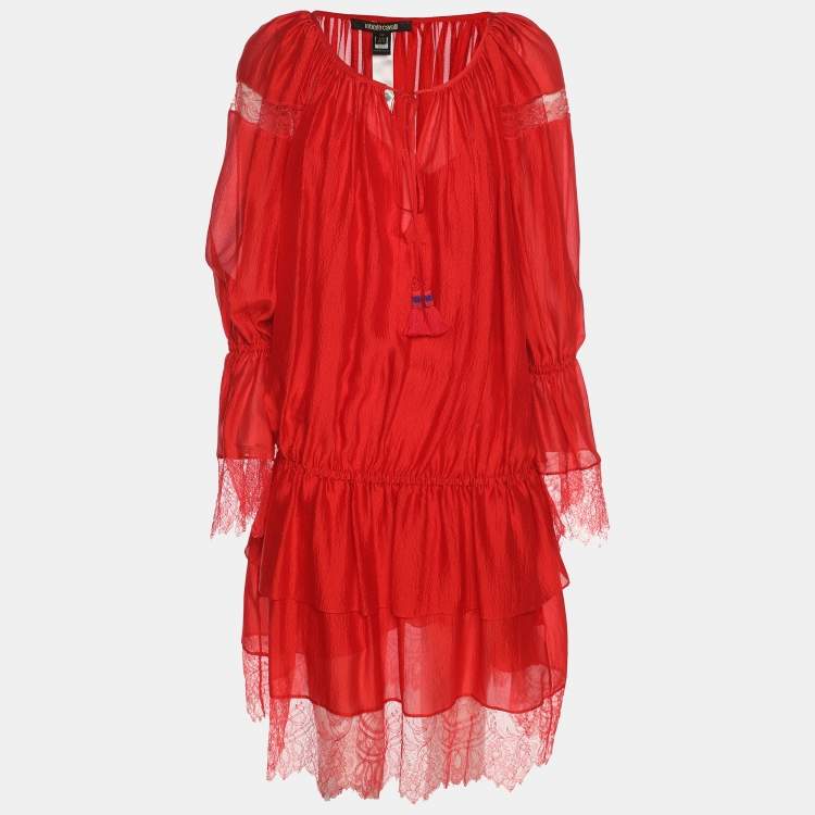 Pre Owned Roberto Cavalli Red Silk and Lace Trim Mini Dress S