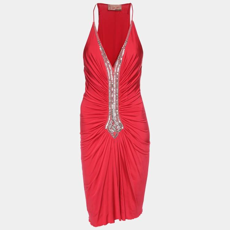 Pre Owned Roberto Cavalli Pink Jersey Crystal Ruched Embellishment Mini Dress M