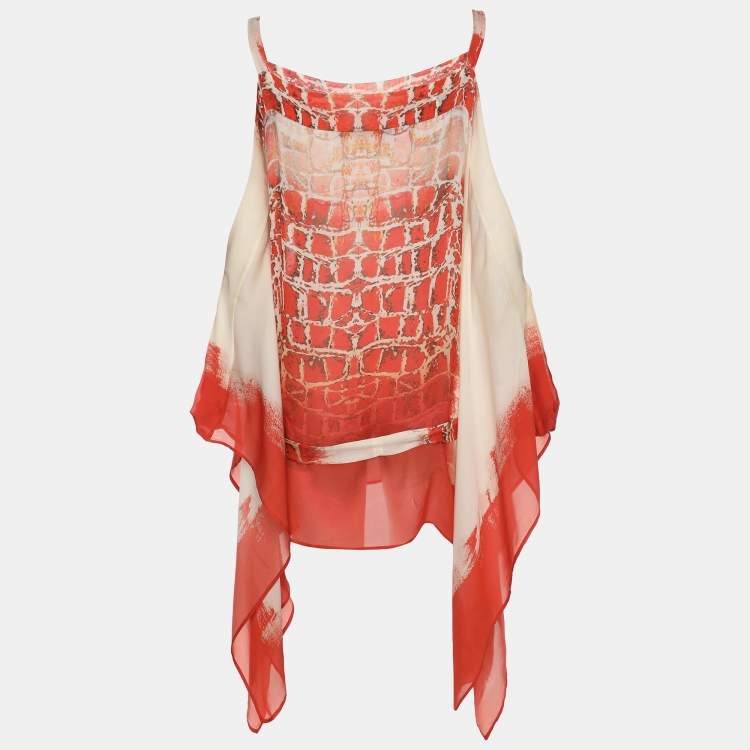 Pre Owned Roberto Cavalli Orange & White Printed Silk Wrap Around Belted Kaftan Blouse