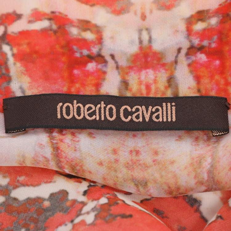 Pre Owned Roberto Cavalli Orange & White Printed Silk Wrap Around Belted Kaftan Blouse
