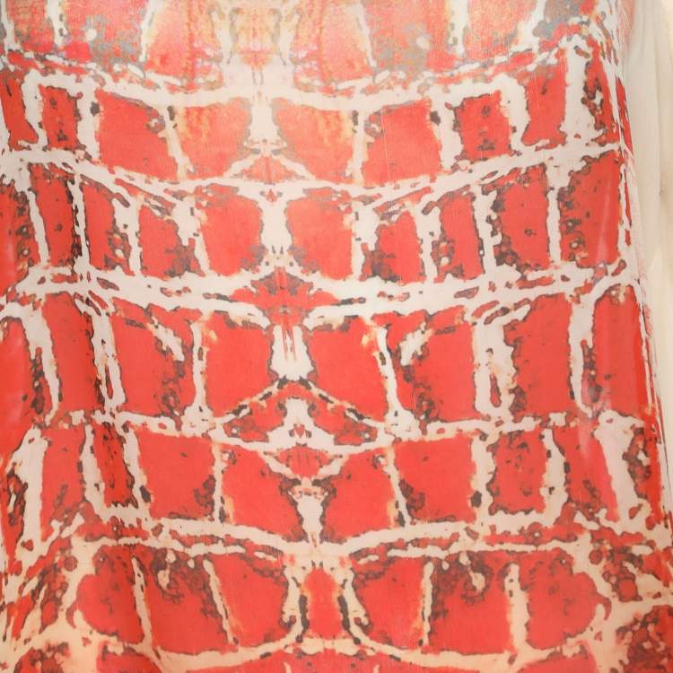 Pre Owned Roberto Cavalli Orange & White Printed Silk Wrap Around Belted Kaftan Blouse