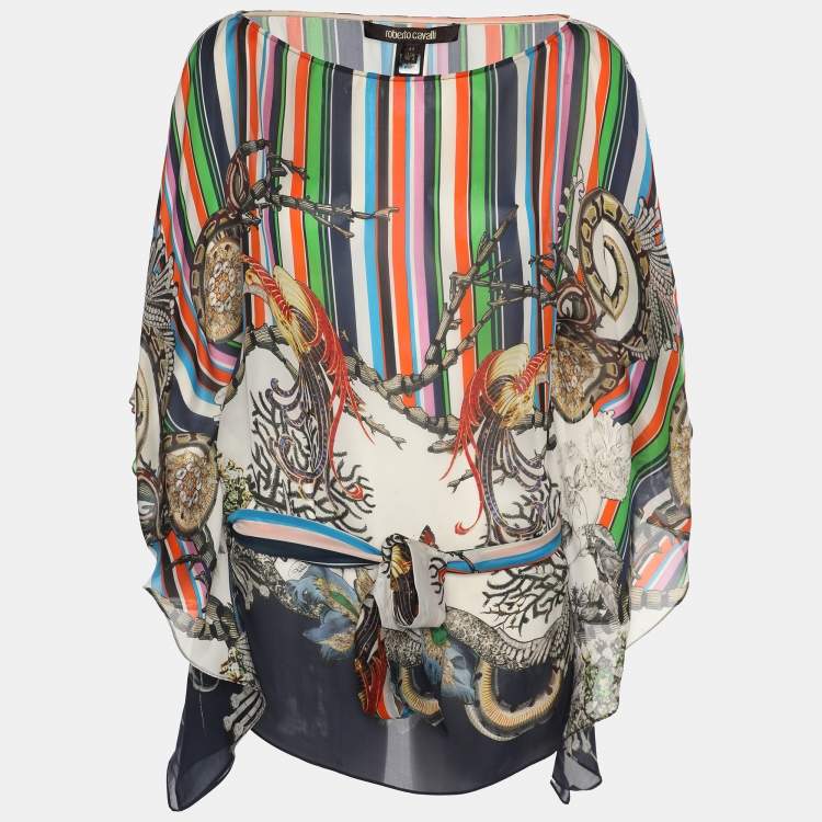 Pre Owned Roberto Cavalli Multicolor Stripe Printed Silk Belted Kaftan Blouse S
