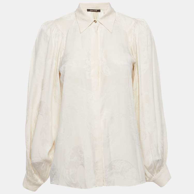Pre Owned Roberto Cavalli Off-White Jacquard Puff Sleeve Blouse S