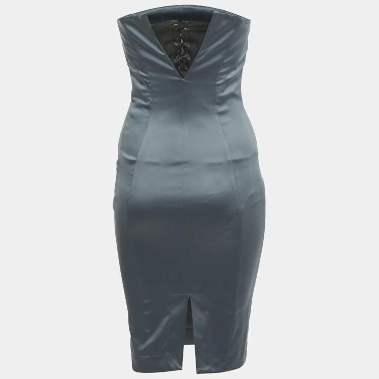 Pre Owned Roberto Cavalli Teal Blue Satin Corset Detail Strapless Mini Dress XS