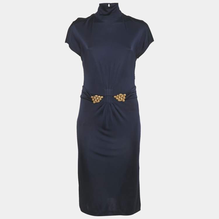 Pre Owned Roberto Cavalli Purple Jersey Broach Detail Knee -Length Dress L 