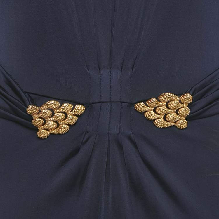 Pre Owned Roberto Cavalli Purple Jersey Broach Detail Knee -Length Dress L 