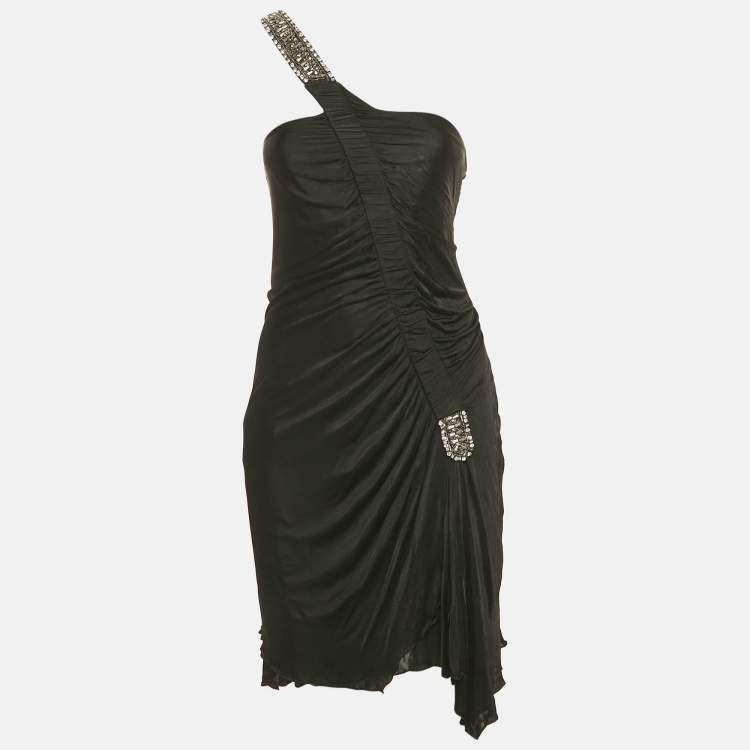 Pre Owned Roberto Cavalli Black Embellished Jersey One Shoulder Mini Dress M 