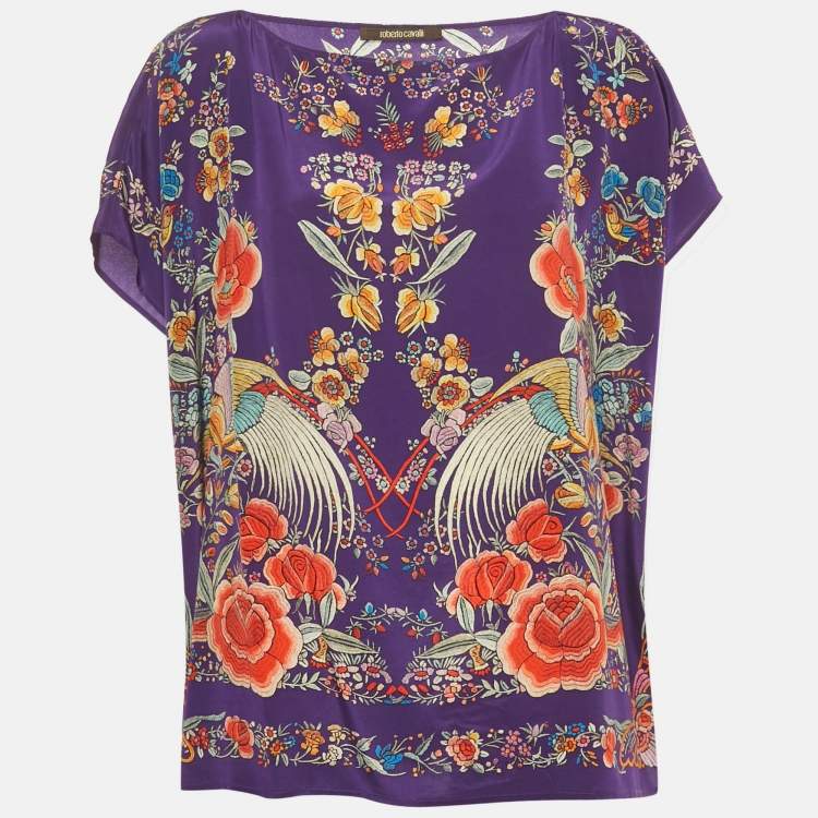 Pre Owned Roberto Cavalli  Purple Printed Silk Kaftan Top S