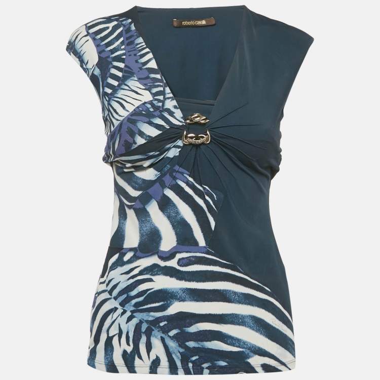 Pre Owned Roberto Cavalli Blue Printed Jersey Neck Detail Top S