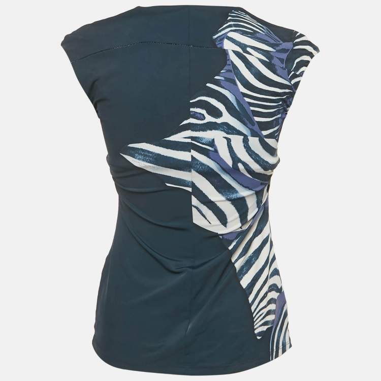 Pre Owned Roberto Cavalli Blue Printed Jersey Neck Detail Top S