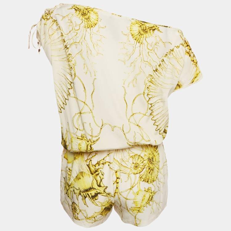 Pre Owned Roberto Cavalli Off White/Yellow Printed Silk Drawstring Playsuit M