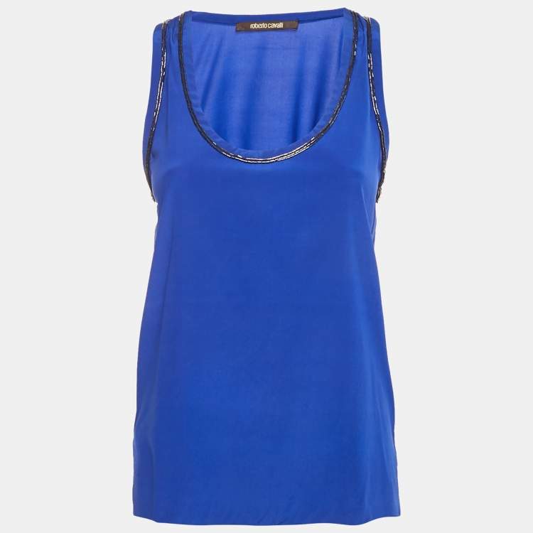 Pre Owned Roberto Cavalli Blue Embellished Silk Sleeveless Top S