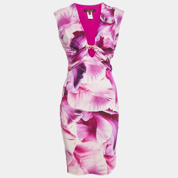 Pre Owned Roberto Cavalli Pink Floral Graphic Print Jersey Cut-Out Detail Mini Dress M