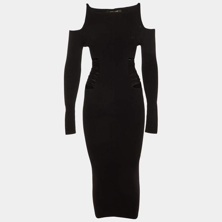 Pre Owned Roberto Cavalli Black Knit Distressed Detail Cold Shoulder Dress S