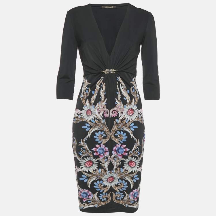 Pre Owned Roberto Cavalli Black Printed Jersey Short Dress M