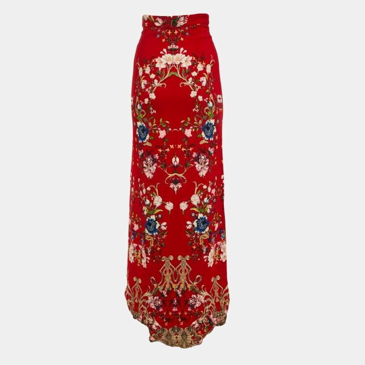 Pre Owned Roberto Cavalli Red Floral Print Crepe Slitted Maxi Skirt S