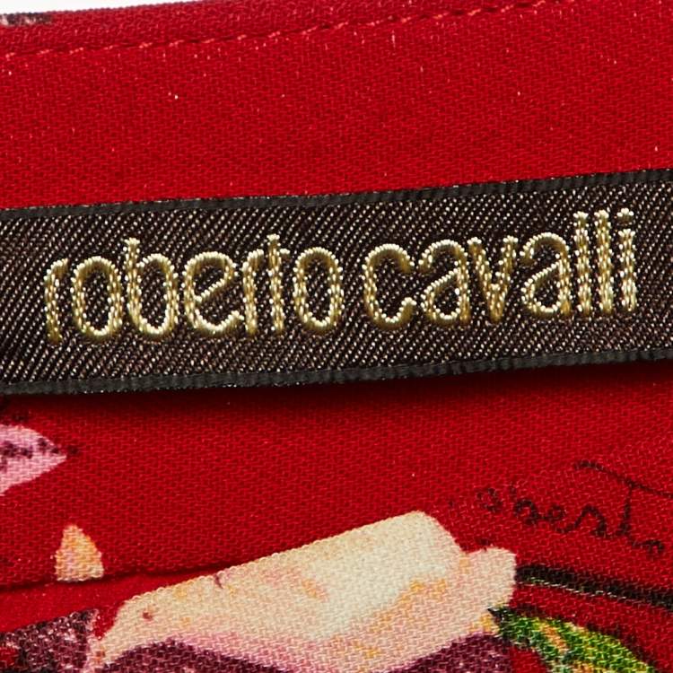 Pre Owned Roberto Cavalli Red Floral Print Crepe Slitted Maxi Skirt S