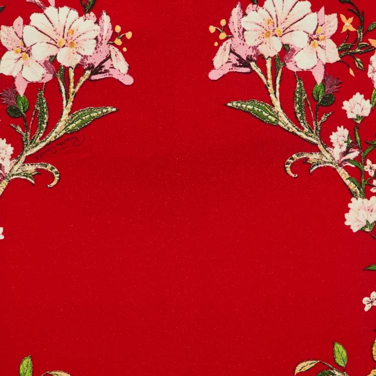 Pre Owned Roberto Cavalli Red Floral Print Crepe Slitted Maxi Skirt S