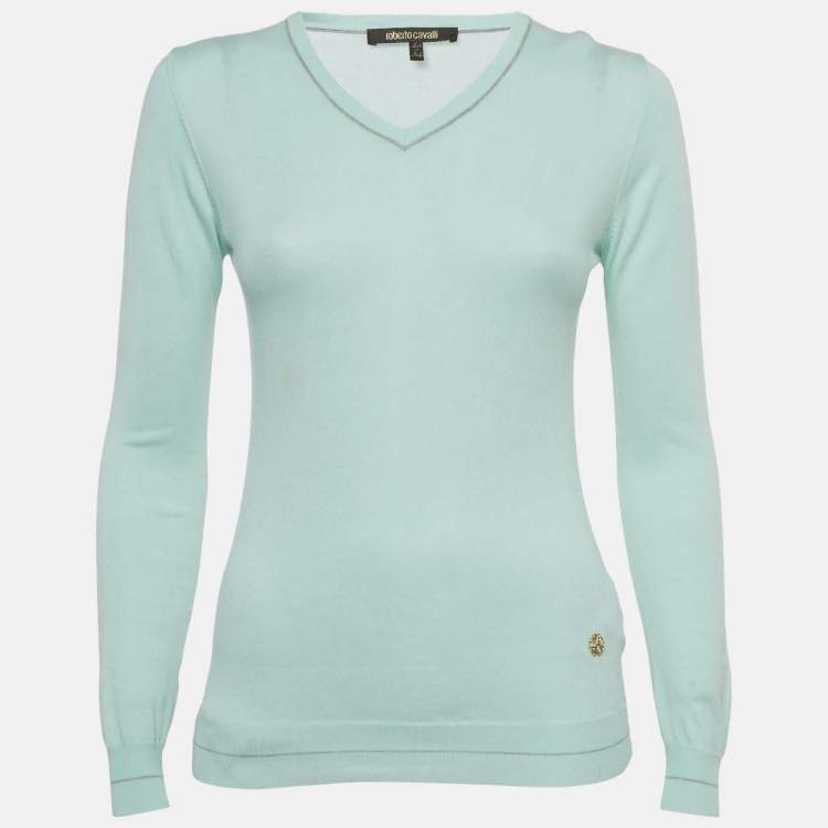 Pre Owned Roberto Cavalli Blue Cotton Knit V-Neck Sweater M