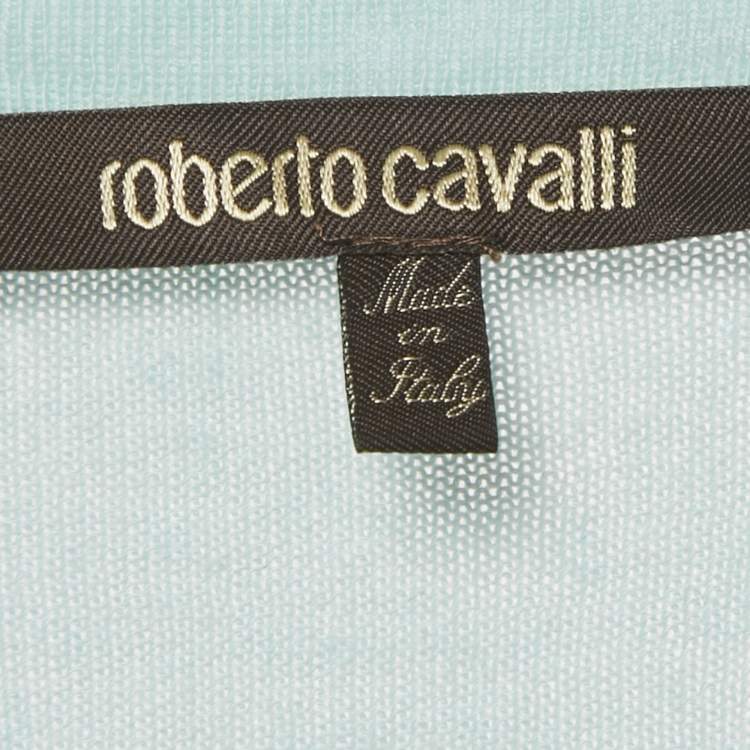 Pre Owned Roberto Cavalli Blue Cotton Knit V-Neck Sweater M