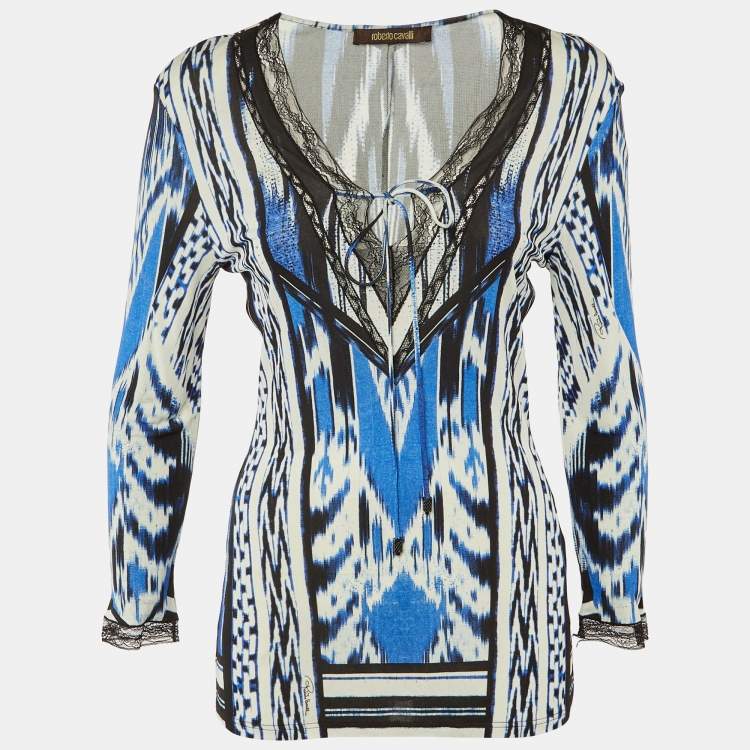 Pre Owned Roberto Cavalli Blue/Black Printed Jersey Lace Detail Top M