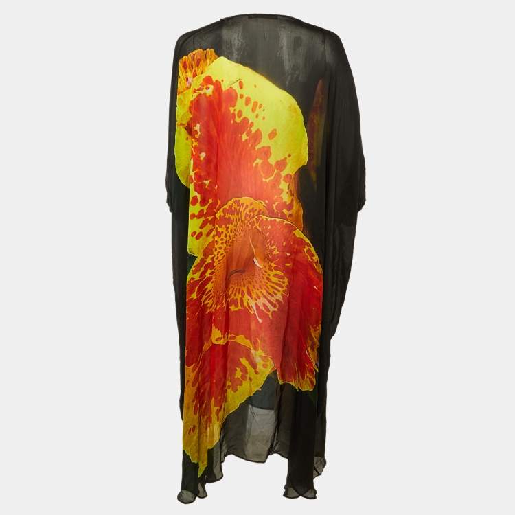 Pre Owned Roberto Cavalli Black Floral Print Silk Cover Up Kaftan S