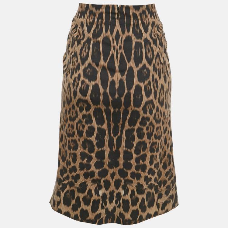 Pre Owned Roberto Cavalli Brown Leopard Print Wool Midi Skirt S