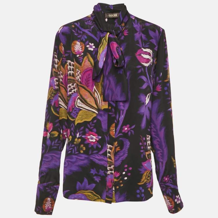 مملوكة مسبقًا Roberto Cavalli Purple Floral Print Silk Neck Tie Detail Blouse L