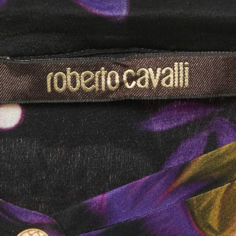مملوكة مسبقًا Roberto Cavalli Purple Floral Print Silk Neck Tie Detail Blouse L