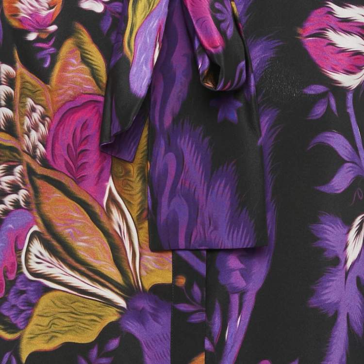مملوكة مسبقًا Roberto Cavalli Purple Floral Print Silk Neck Tie Detail Blouse L