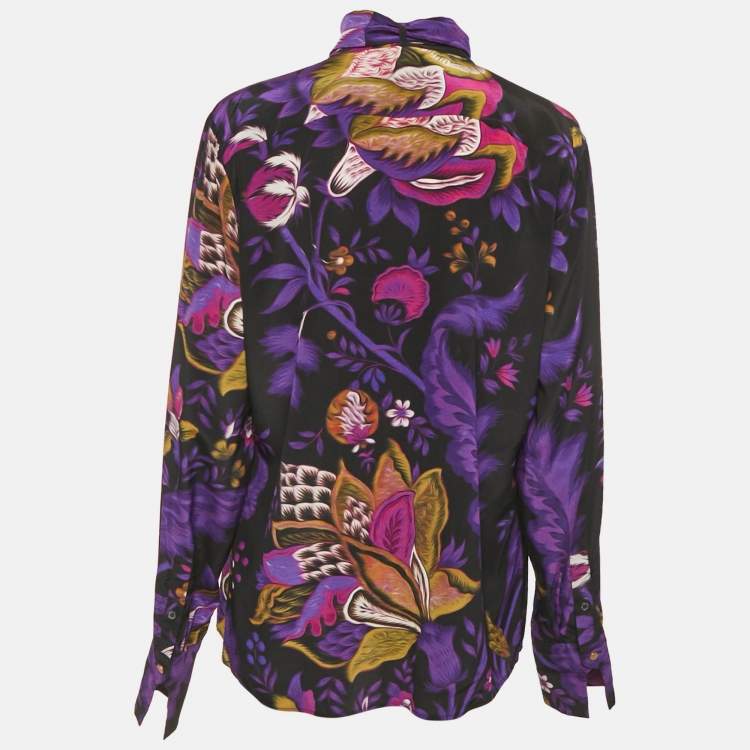 مملوكة مسبقًا Roberto Cavalli Purple Floral Print Silk Neck Tie Detail Blouse L