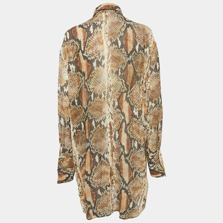 Pre Owned Roberto Cavalli Brown Python Print Cotton Blend Short Shirt Dress M