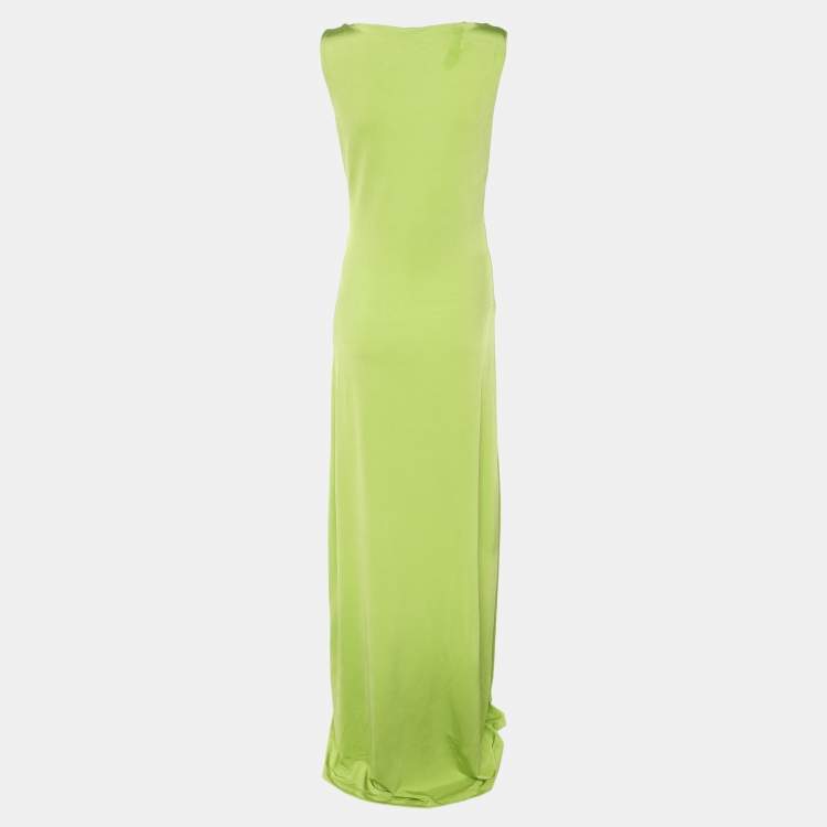 Pre Owned Roberto Cavalli Green Stretch Satin Sequin Embellished Long Dress M
