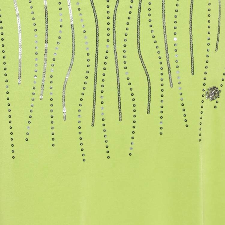 Pre Owned Roberto Cavalli Green Stretch Satin Sequin Embellished Long Dress M