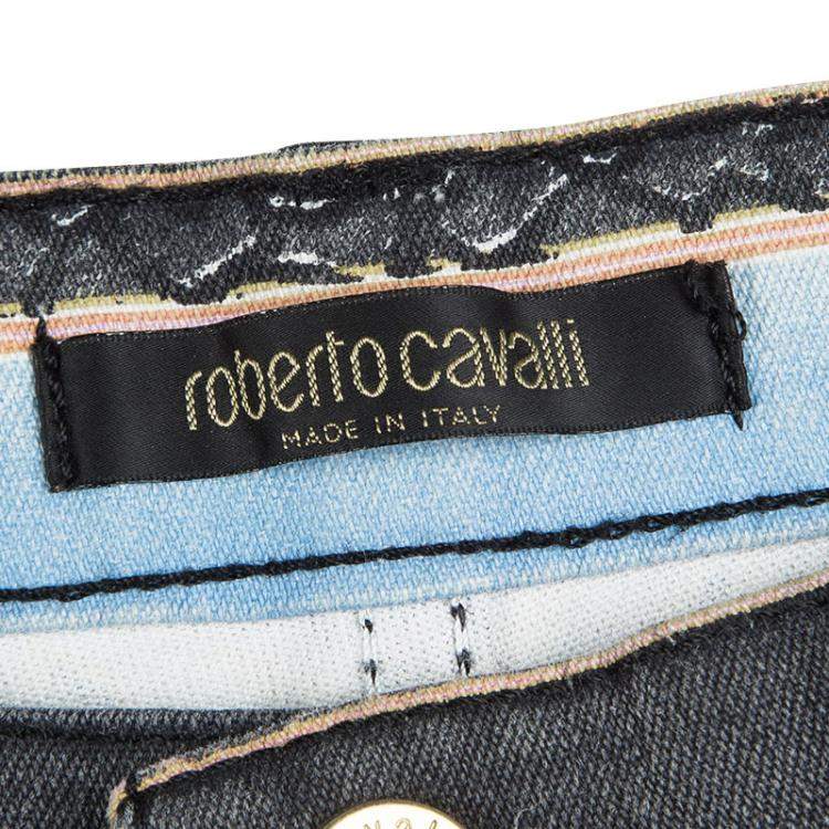 Pre Owned Roberto Cavalli Grey Printed Flared Bottom Jeans XS