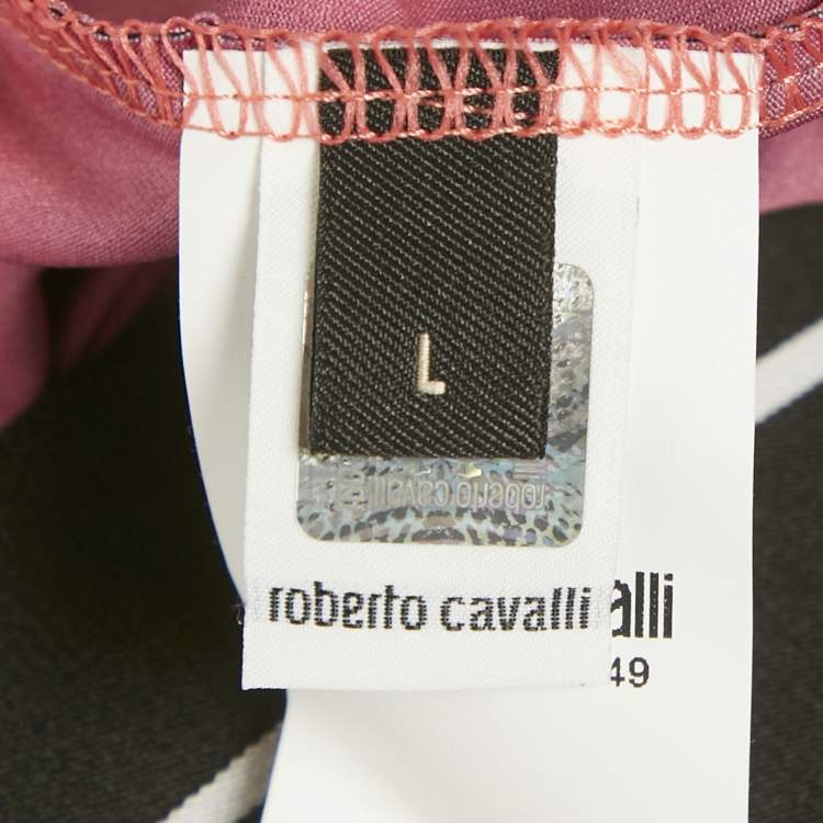 Pre Owned Roberto Cavalli Brown/Pink Animal Print Logo Waist Band Leggings L