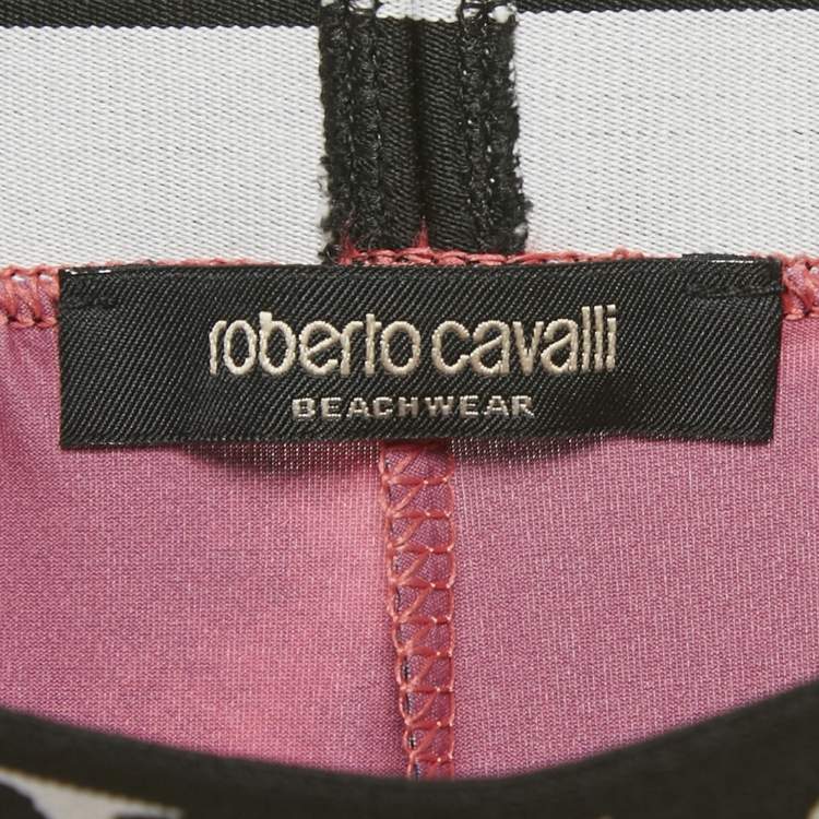 Pre Owned Roberto Cavalli Brown/Pink Animal Print Logo Waist Band Leggings L