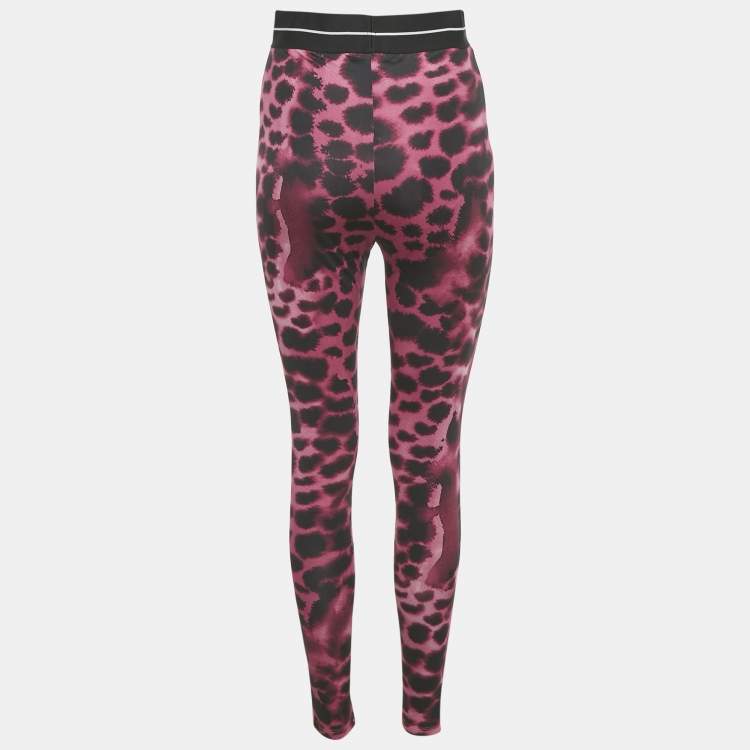 Pre Owned Roberto Cavalli Brown/Pink Animal Print Logo Waist Band Leggings L
