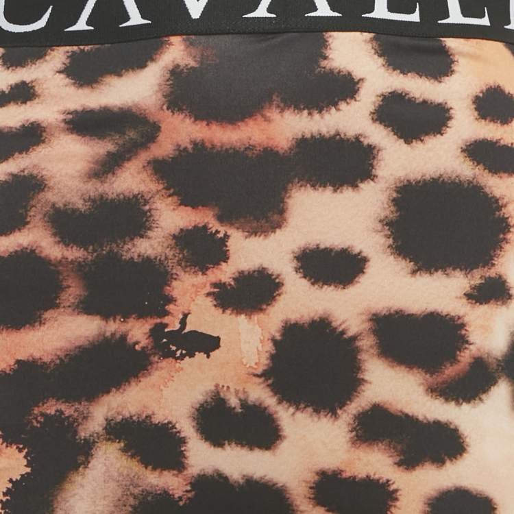 Pre Owned Roberto Cavalli Brown/Pink Animal Print Logo Waist Band Leggings L