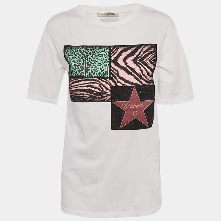 Pre Owned Roberto Cavalli  Multicolor Jersey Walk of Fame Patched Crew Neck T-Shirt XS