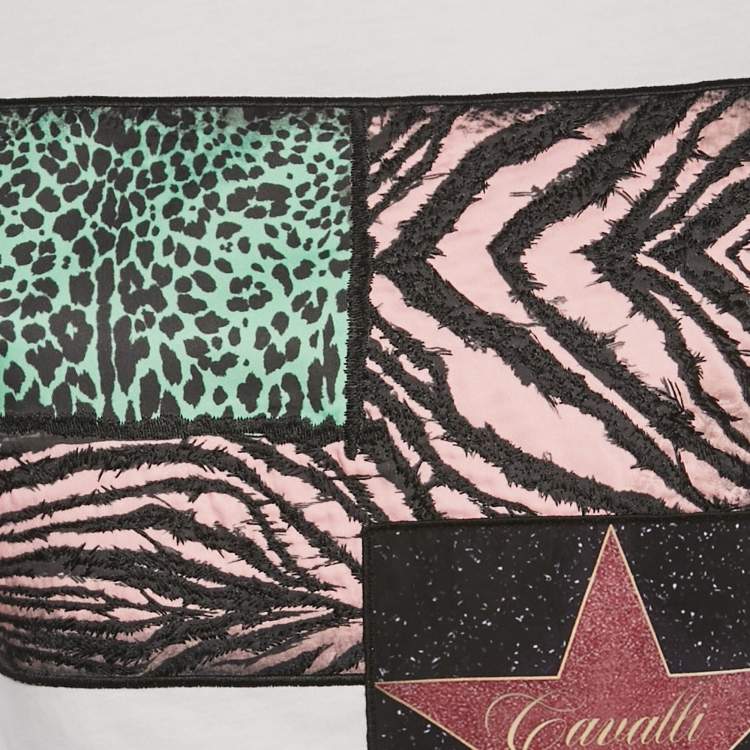 Pre Owned Roberto Cavalli  Multicolor Jersey Walk of Fame Patched Crew Neck T-Shirt XS